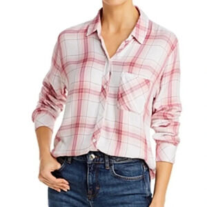 RAILS Hunter Blush White Petal Button Down Plaid Shirt Sz XS Pocket Long Sleeve